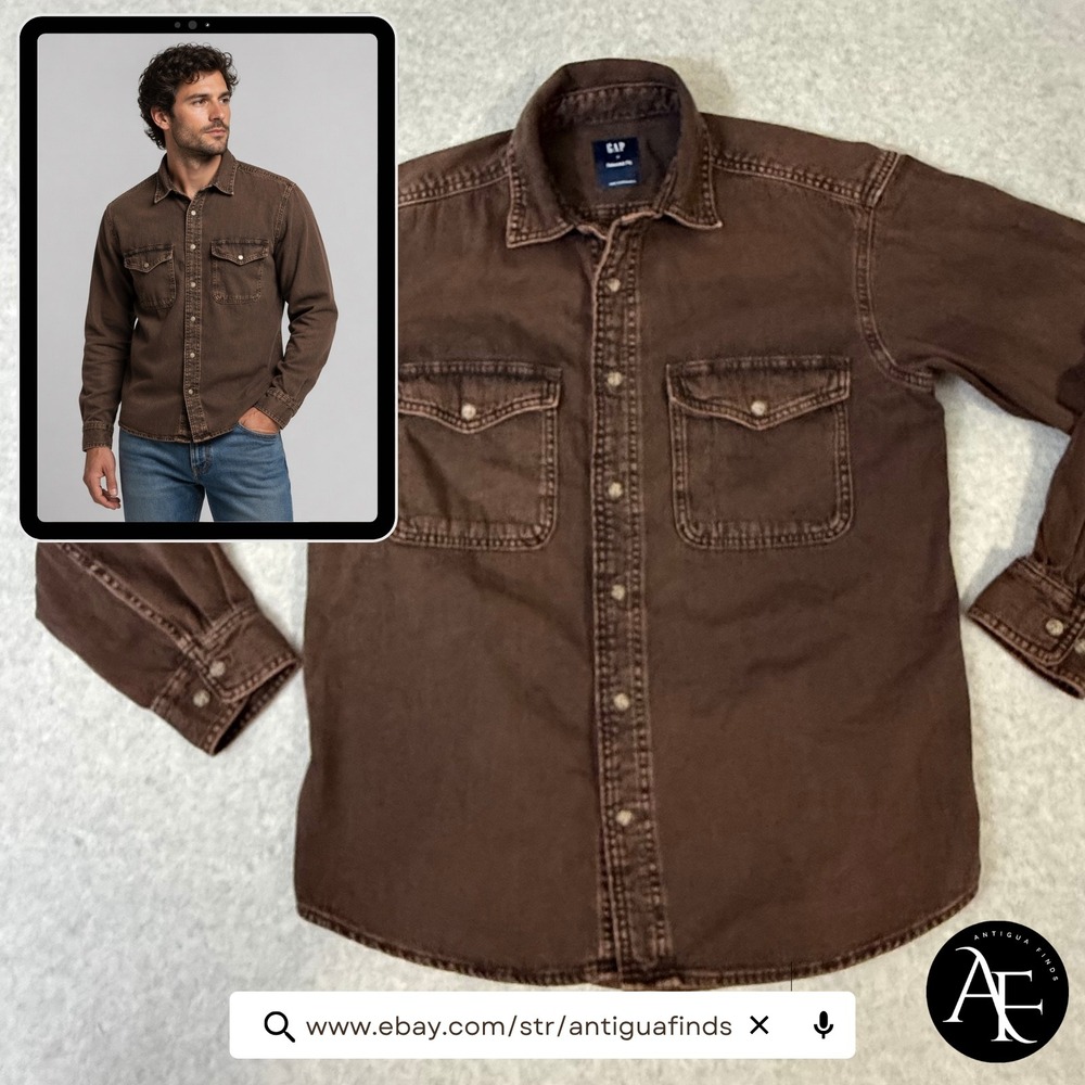 Gap Mens Relaxed Fit Denim Button Down Shirt Brown Long Sleeve Utility Small